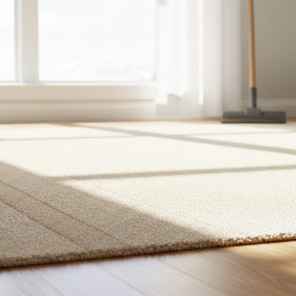 A professionally cleaned, cream-colored textured carpet in a sunlit modern living room, representing Altona Carpet Cleaning services.