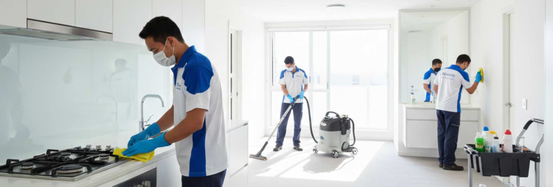Professional end of lease cleaning process by Atto Property showing uniformed cleaners steam cleaning carpets, cleaning kitchen appliances, and sanitising bathrooms