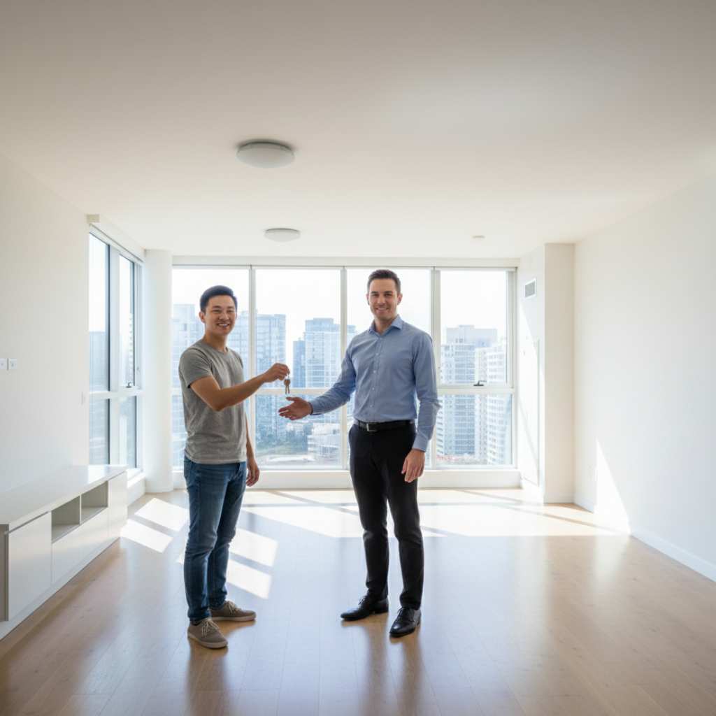 Happy tenant handing over apartment keys after successful end of lease cleaning by Atto Property with satisfied landlord in a clean rental property